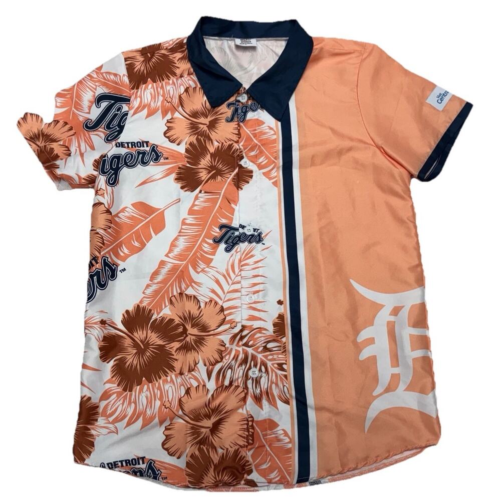Detroit Tigers Hawaiian Orange Button Down Shirt Men's Size Large SGA
